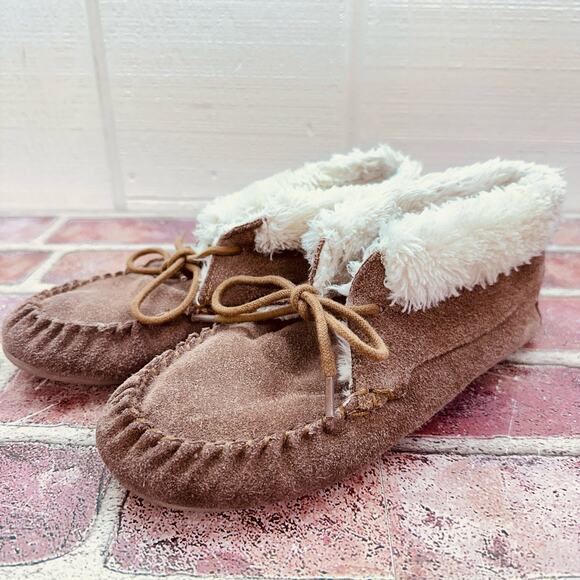 Moccassin Slippers Women Size 7‎ Suede w/ Sherpa Lined Booties Tan Ankle Booties - Picture 4 of 13